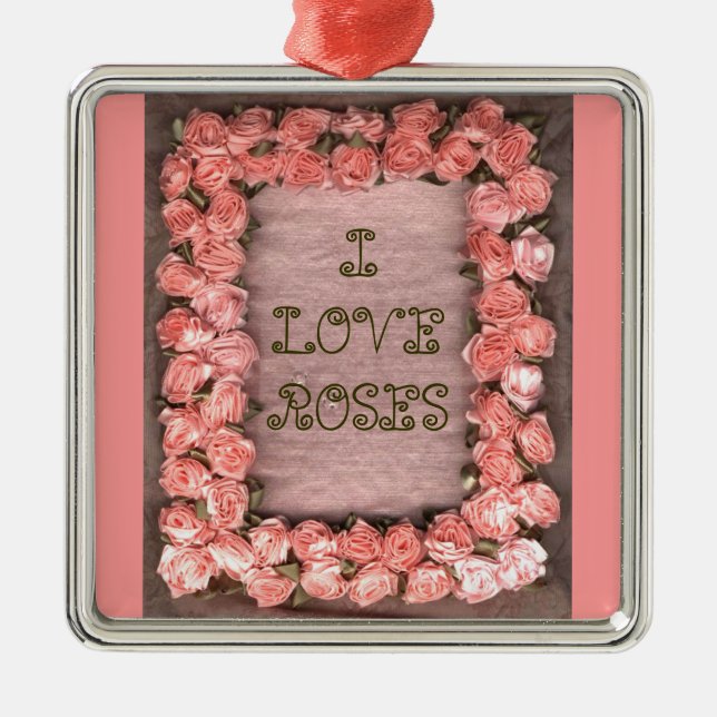 Ribbon Roses & Leaves Satin Frame Square Ornament (Front)