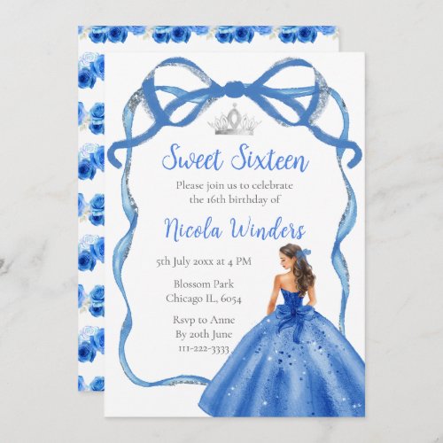 Ribbon Royal Blue Silver Princess Sweet Sixteen Invitation