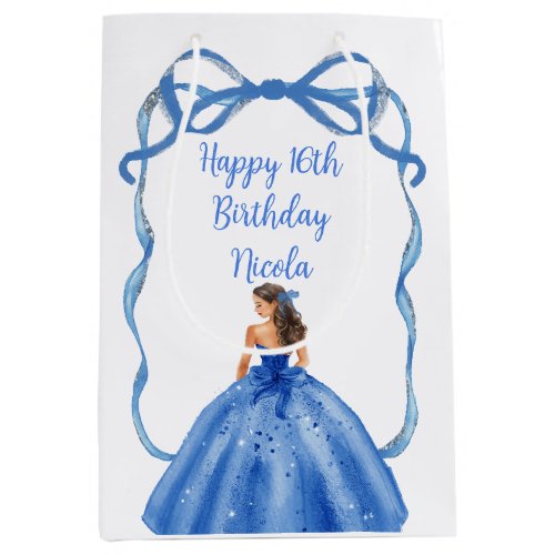 Ribbon Royal Blue Silver Princess Sweet Sixteen Medium Gift Bag