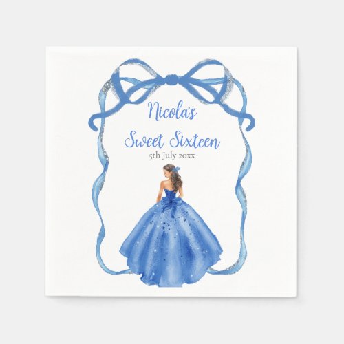 Ribbon Royal Blue Silver Princess Sweet Sixteen Napkins