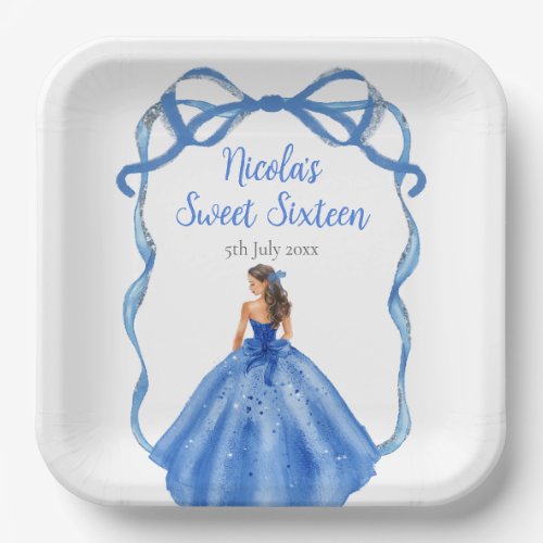 Ribbon Royal Blue Silver Princess Sweet Sixteen Paper Plates
