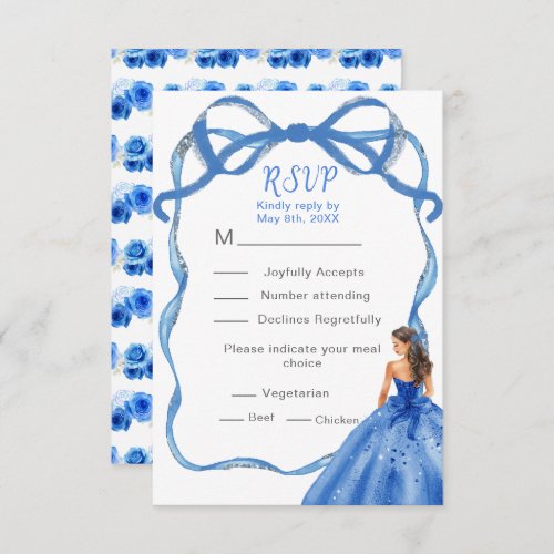 Ribbon Royal Blue Silver Princess Sweet Sixteen RSVP Card