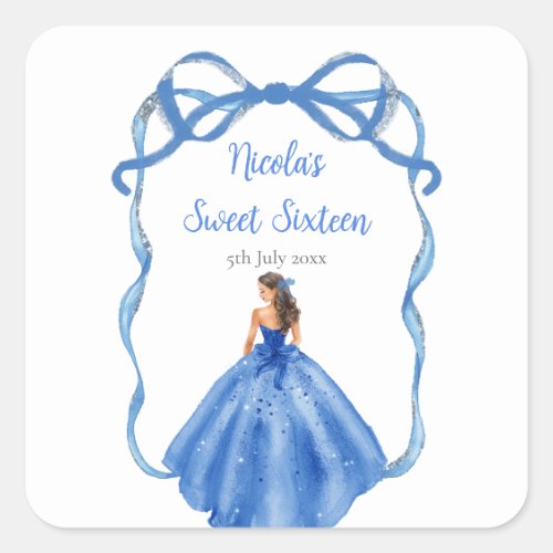 Ribbon Royal Blue Silver Princess Sweet Sixteen Square Sticker