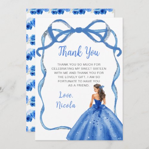 Ribbon Royal Blue Silver Princess Sweet Sixteen Thank You Card