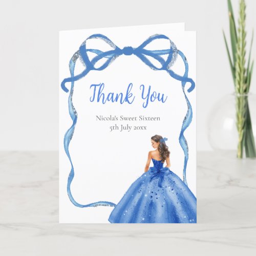 Ribbon Royal Blue Silver Princess Sweet Sixteen Thank You Card