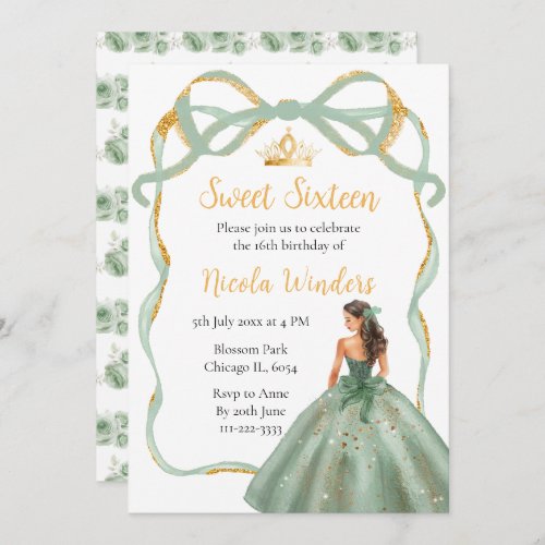 Ribbon Sage Green and Gold Princess Sweet Sixteen Invitation