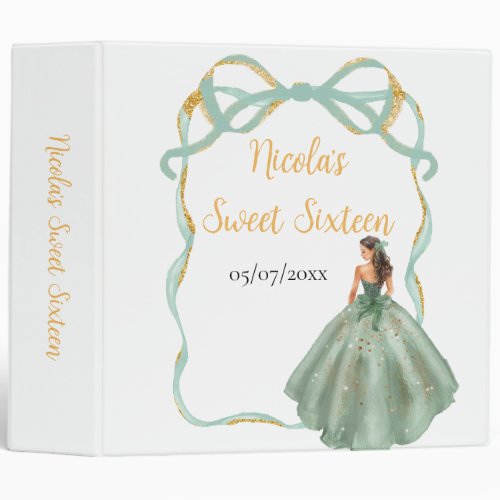 Ribbon Sage Green Gold Princess Sweet Sixteen 3 Ring Binder