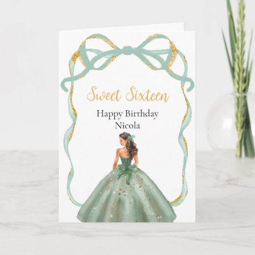 Ribbon Sage Green Gold Princess Sweet Sixteen Card