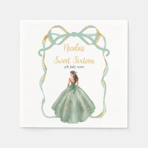 Ribbon Sage Green Gold Princess Sweet Sixteen Napkins