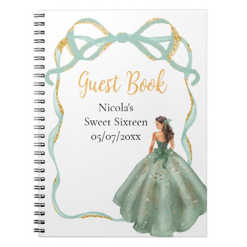 Ribbon Sage Green Gold Princess Sweet Sixteen Notebook
