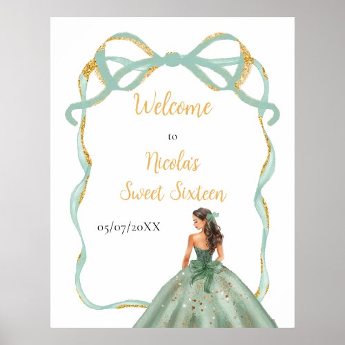 Ribbon Sage Green Gold Princess Sweet Sixteen Poster