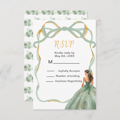 Ribbon Sage Green Gold Princess Sweet Sixteen RSVP Card