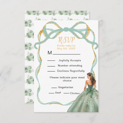 Ribbon Sage Green Gold Princess Sweet Sixteen RSVP Card