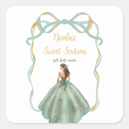 Ribbon Sage Green Gold Princess Sweet Sixteen Square Sticker