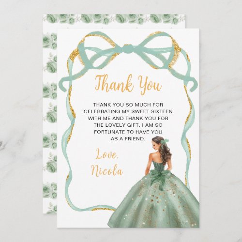 Ribbon Sage Green Gold Princess Sweet Sixteen Thank You Card