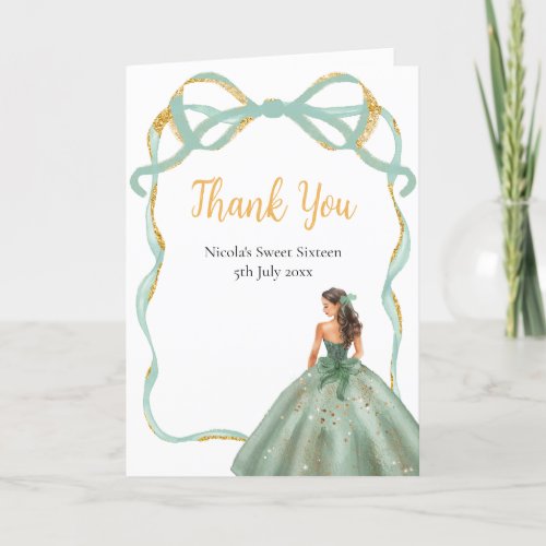 Ribbon Sage Green Gold Princess Sweet Sixteen Thank You Card