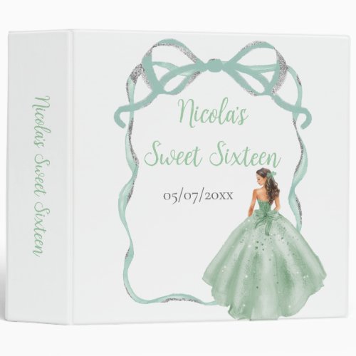 Ribbon Sage Green Silver Princess Sweet Sixteen 3 Ring Binder