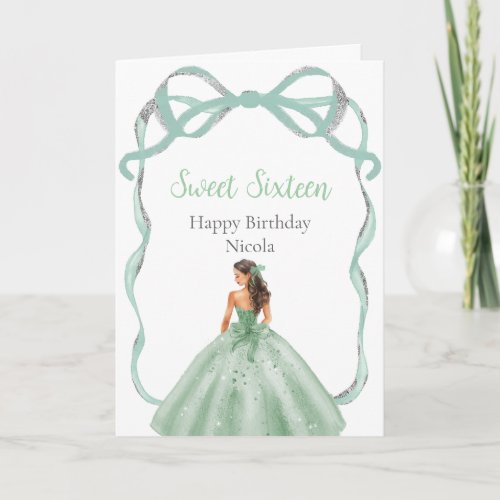 Ribbon Sage Green Silver Princess Sweet Sixteen Card