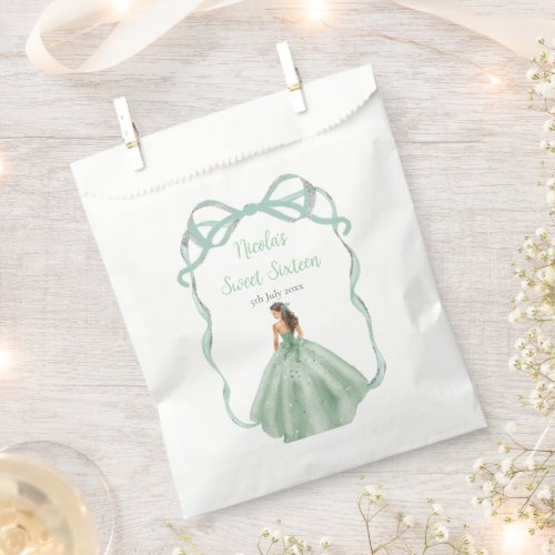 Ribbon Sage Green Silver Princess Sweet Sixteen Favor Bag