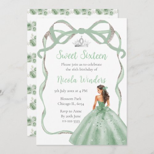 Ribbon Sage Green Silver Princess Sweet Sixteen Invitation