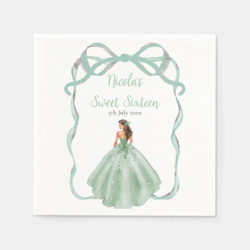 Ribbon Sage Green Silver Princess Sweet Sixteen Napkins