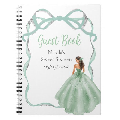 Ribbon Sage Green Silver Princess Sweet Sixteen Notebook