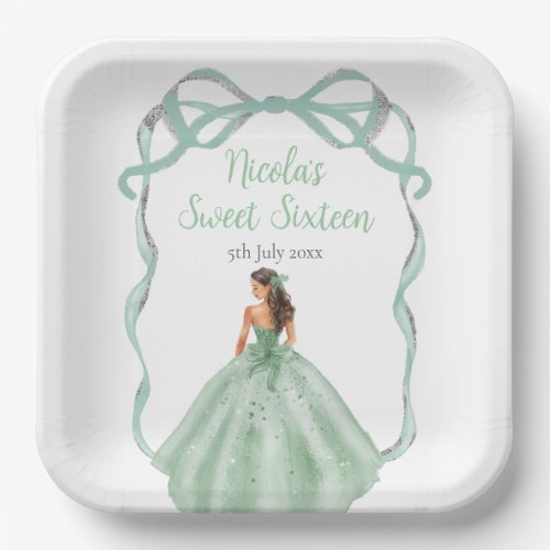 Ribbon Sage Green Silver Princess Sweet Sixteen Paper Plates