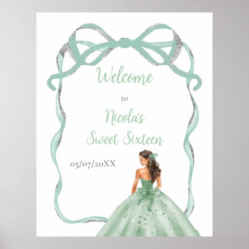 Ribbon Sage Green Silver Princess Sweet Sixteen Poster