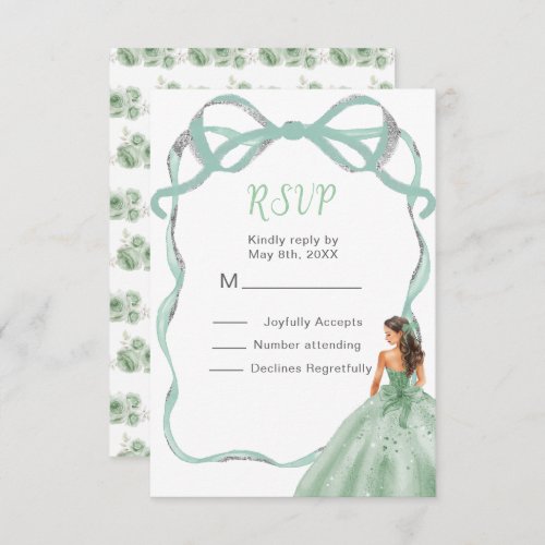 Ribbon Sage Green Silver Princess Sweet Sixteen RSVP Card