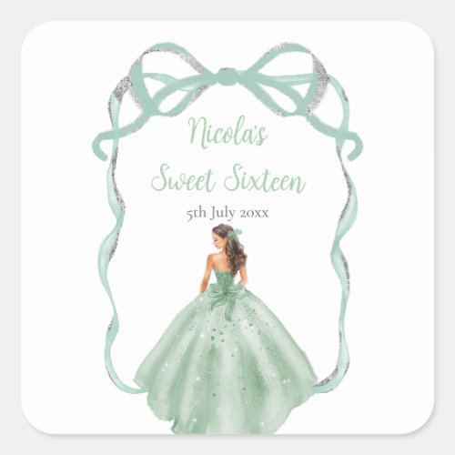 Ribbon Sage Green Silver Princess Sweet Sixteen Square Sticker