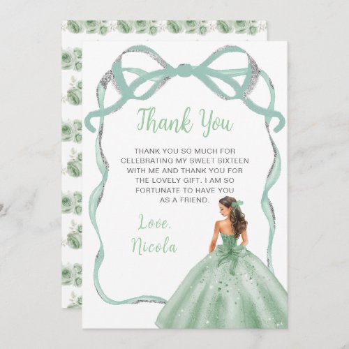 Ribbon Sage Green Silver Princess Sweet Sixteen Thank You Card