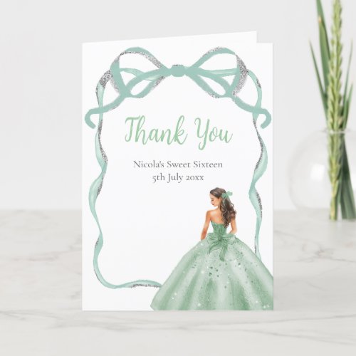 Ribbon Sage Green Silver Princess Sweet Sixteen Thank You Card