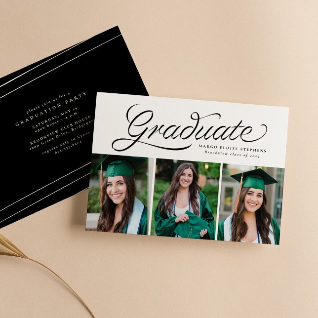 Ribbon script graduate trendy three photo invitation (Creator Uploaded)