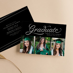 Ribbon script graduate trendy three photo invitation