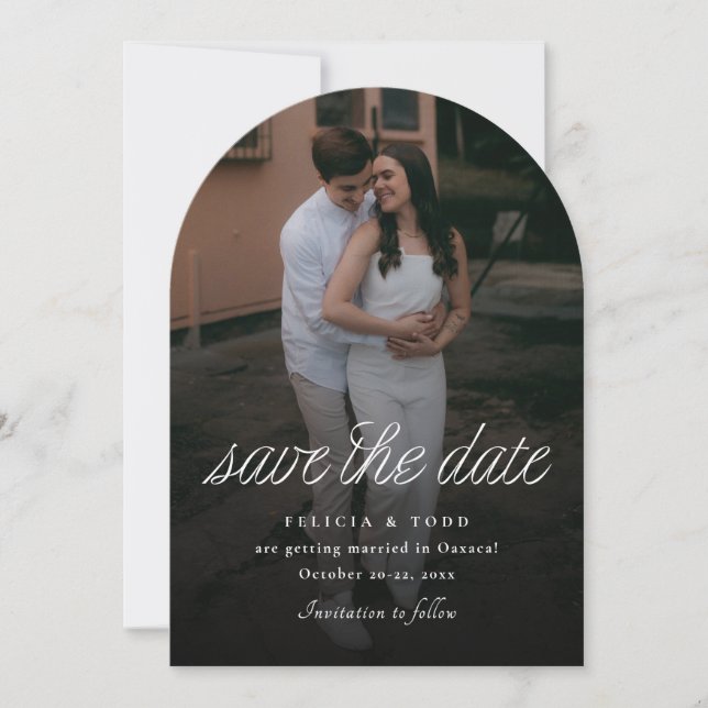 Ribbon Script Minimalist Wedding Photo Arch Cut Save The Date (Front)