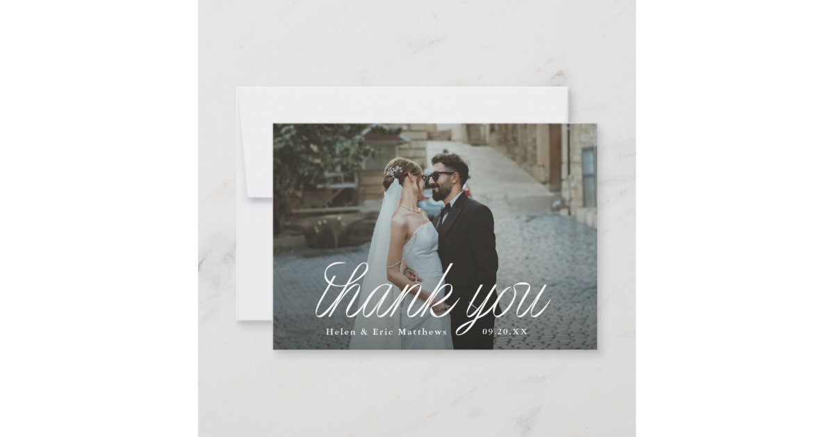 Ribbon Script Minimalist Wedding Photo Small Thank You Card | Zazzle