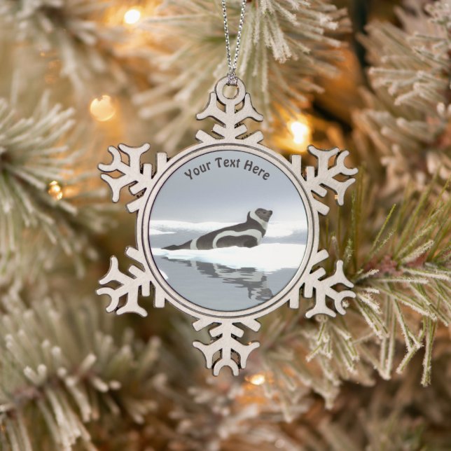 Ribbon Seal On Ice Snowflake Pewter Christmas Ornament (Tree)
