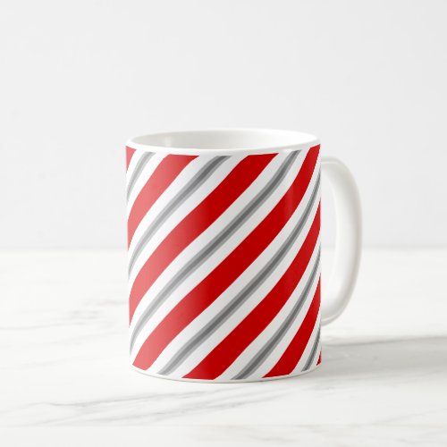 Ribbon stripes deep red white and gray  grey coffee mug