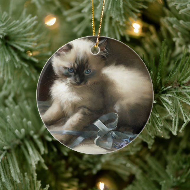 Ribbon Tangle Siamese Kitten Ceramic Ornament (Tree)