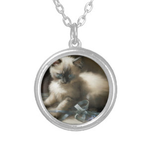 Ribbon Tangle Siamese Kitten Silver Plated Necklace
