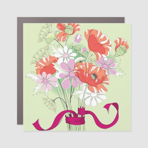 Ribbon_Tied Poppies Daisy Bouquet Car Magnet