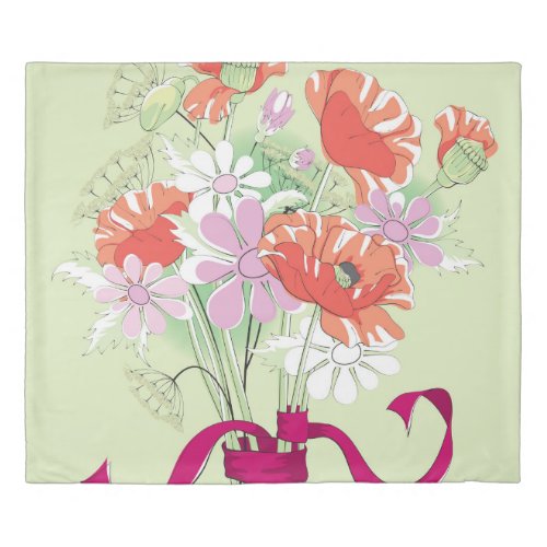 Ribbon_Tied Poppies Daisy Bouquet Duvet Cover