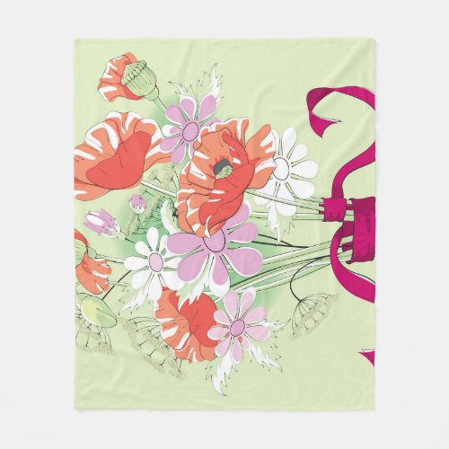 Ribbon_Tied Poppies Daisy Bouquet Fleece Blanket