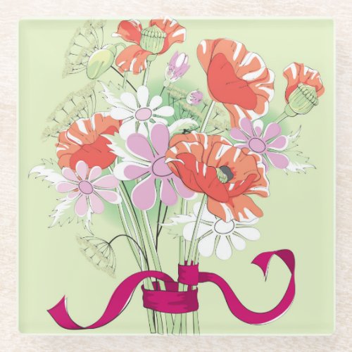 Ribbon_Tied Poppies Daisy Bouquet Glass Coaster