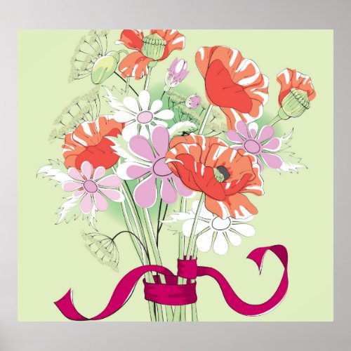 Ribbon_Tied Poppies Daisy Bouquet Poster