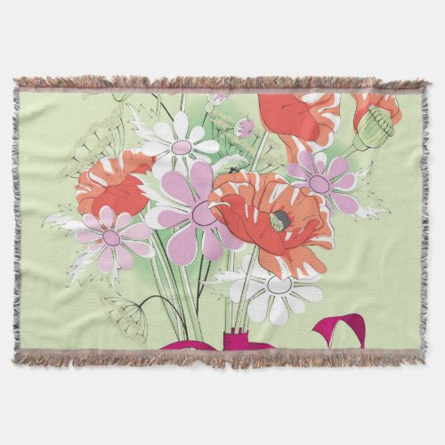 Ribbon_Tied Poppies Daisy Bouquet Throw Blanket