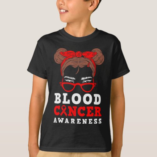 Ribbon Woman Messy Hair Blood Cancer Awareness War T_Shirt