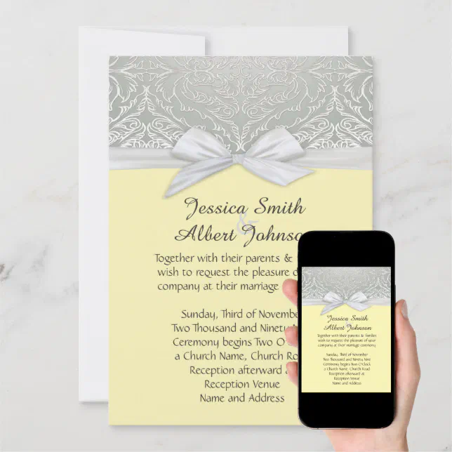 Ribbon Yellow/Silver Lace Damask Wedding Invite | Zazzle