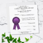 Ribbon Youngest Family Reunion Awards Purple<br><div class="desc">Purple ribbon graphic with template of awards given at family reunions. Filigree scrolls at top header and bottom. Fill in the blanks for on the spot completion, and text templates to vary the type of award, sub-headline text about the award, reunion name and fill in the annual number of reunion....</div>