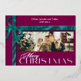 Ribboned Elegant Christmas Silver Foil Holiday Card